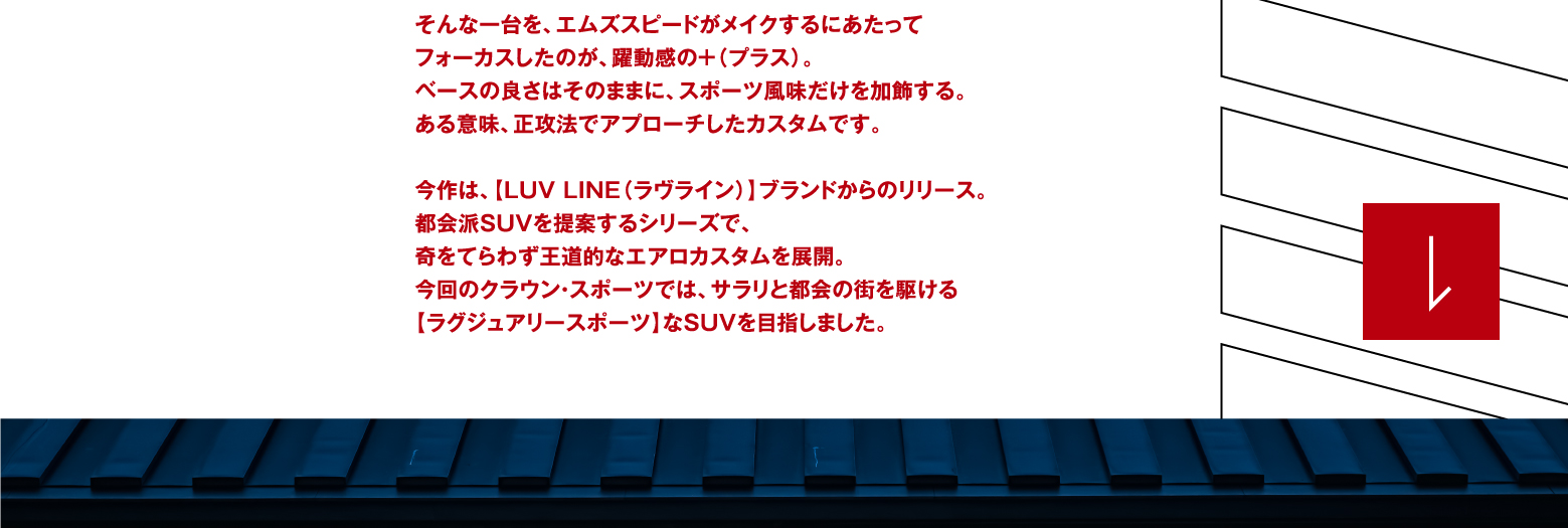 そんな一台を、エムズスピードがメイクするにあたって フォーカスしたのが、躍動感の＋（プラス）。 ベースの良さはそのままに、スポーツ風味だけを加飾する。 ある意味、正攻法でアプローチしたカスタムです。 今作は、【LUV LINE（ラヴライン）】ブランドからのリリース。 都会派SUVを提案するシリーズで、 奇をてらわず王道的なエアロカスタムを展開。 今回のクラウン・スポーツでは、サラリと都会の街を駆ける 【ラグジュアリースポーツ】なSUVを目指しました。