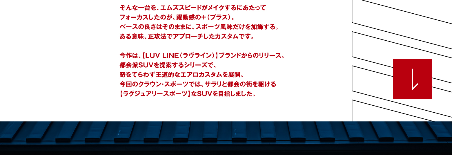 そんな一台を、エムズスピードがメイクするにあたって フォーカスしたのが、躍動感の＋（プラス）。 ベースの良さはそのままに、スポーツ風味だけを加飾する。 ある意味、正攻法でアプローチしたカスタムです。 今作は、【LUV LINE（ラヴライン）】ブランドからのリリース。 都会派SUVを提案するシリーズで、 奇をてらわず王道的なエアロカスタムを展開。 今回のクラウン・スポーツでは、サラリと都会の街を駆ける 【ラグジュアリースポーツ】なSUVを目指しました。