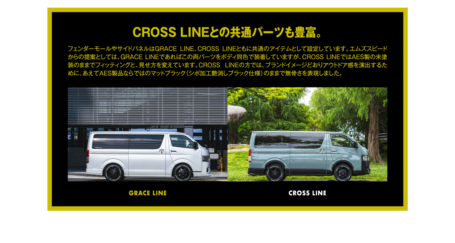 CROSS LINEとの共通パーツも豊富。フェンダーモールやサイドパネルはGRACE LINE、CROSS LINEともに共通のアイテムとして設定しています。エムズスピードからの提案としては、GRACE LINEであればこの両パーツをボディ同色で装着していますが、CROSS LINEではAES製の未塗装のままでフィッティングと、見せ方を変えています。CROSS LINEの方では、ブランドイメージどおりアウトドア感を演出するために、あえてAES製品ならではのマットブラック（シボ加工艶消しブラック仕様）のままで無骨さを表現しました。